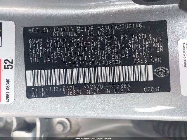 46004008 :رقم المزاد ، 4T1G11AK1MU438506 vin ، 2021 Toyota Camry Se مزاد بيع