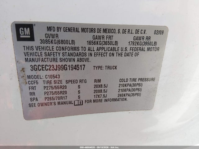 2009 Chevrolet Silverado 1500 Lt მანქანა იყიდება აუქციონზე, vin: 3GCEC23J99G194517, აუქციონის ნომერი: 46004020