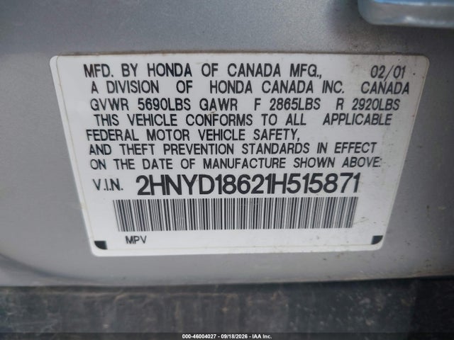 2001 Acura Mdx მანქანა იყიდება აუქციონზე, vin: 2HNYD18621H515871, აუქციონის ნომერი: 46004027