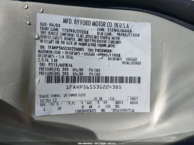 Aukcja sprzedaży 2003 Ford Taurus Sel, vin: 1FAHP56S53G224385, numer aukcji: 46004052