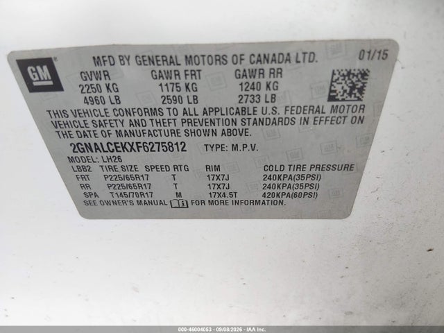 Aukcja sprzedaży 2015 Chevrolet Equinox 2lt, vin: 2GNALCEKXF6275812, numer aukcji: 46004053