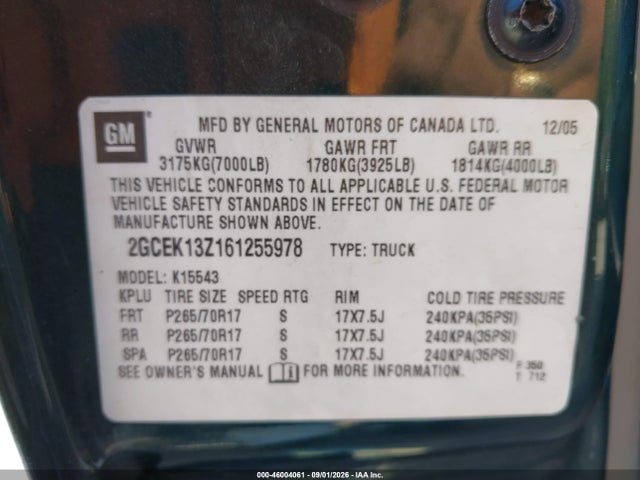 Aukcja sprzedaży 2006 Chevrolet Silverado 1500 Lt1, vin: 2GCEK13Z161255978, numer aukcji: 46004061