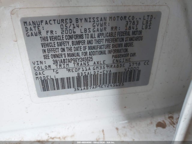 2014 Nissan Sentra Fe+ S/fe+ Sv/s/sl/sr/sv მანქანა იყიდება აუქციონზე, vin: 3N1AB7AP9EY245625, აუქციონის ნომერი: 46004068
