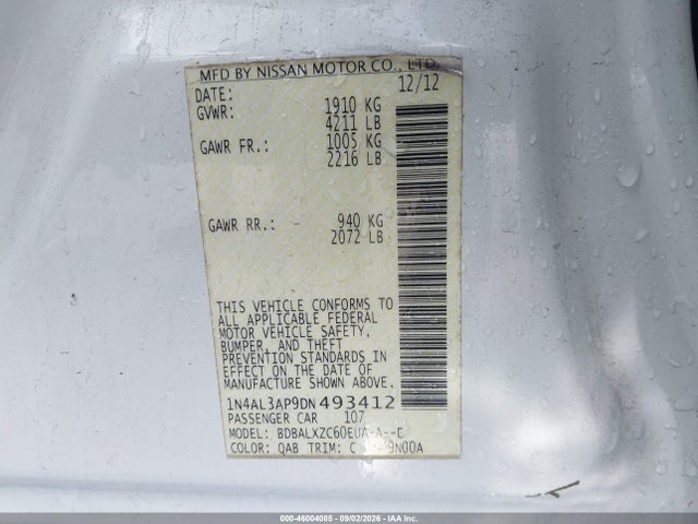 Продажа на аукционе авто 2013 Nissan Altima 2.5 Sl, vin: 1N4AL3AP9DN493412, номер лота: 46004085