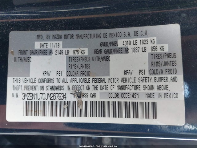 Aukcja sprzedaży 2018 Mazda Mazda3 Sport, vin: 3MZBN1U70JM267934, numer aukcji: 46004087