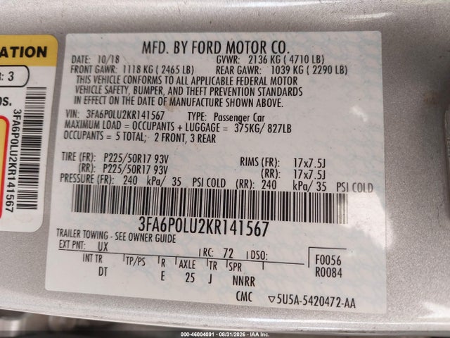 Продажа на аукционе авто 2019 Ford Fusion Hybrid Se, vin: 3FA6P0LU2KR141567, номер лота: 46004091