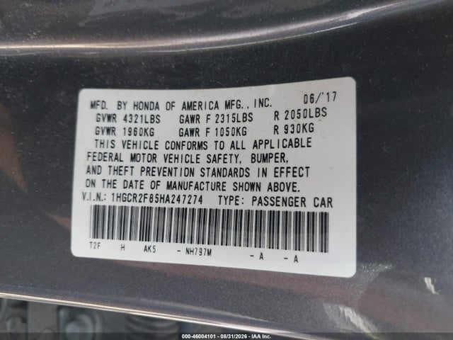 Aukcja sprzedaży 2017 Honda Accord Ex-l, vin: 1HGCR2F85HA247274, numer aukcji: 46004101