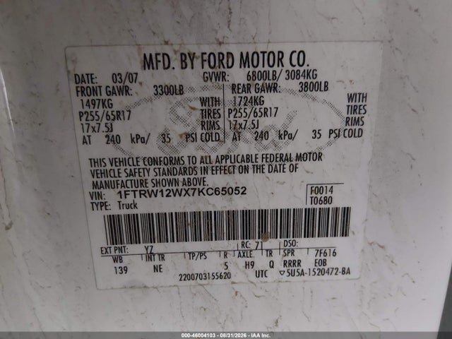 Продаж на аукціоні авто 2007 Ford F-150 Xlt, vin: 1FTRW12WX7KC65052, номер лоту: 46004103