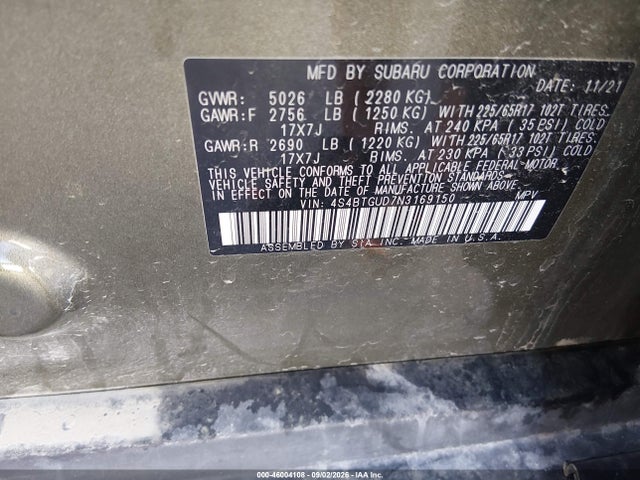 Aukcja sprzedaży 2022 Subaru Outback Wilderness, vin: 4S4BTGUD7N3169150, numer aukcji: 46004108