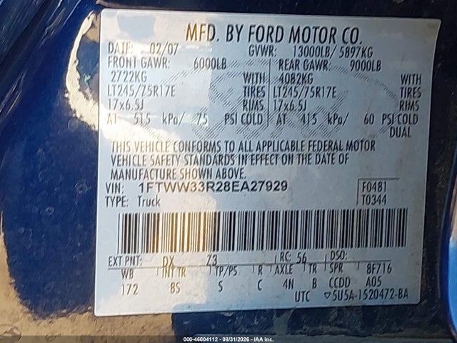2008 Ford F-350 Fx4/king Ranch/lariat/xl/xlt მანქანა იყიდება აუქციონზე, vin: 1FTWW33R28EA27929, აუქციონის ნომერი: 46004112