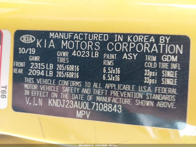 Aukcja sprzedaży 2020 Kia Soul Lx, vin: KNDJ23AU0L7108843, numer aukcji: 46004115