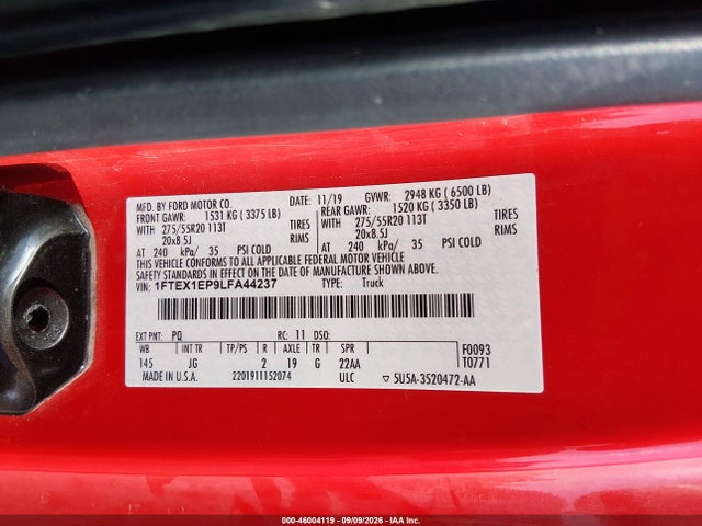 46004119 :رقم المزاد ، 1FTEX1EP9LFA44237 vin ، 2020 Ford F-150 Xl مزاد بيع