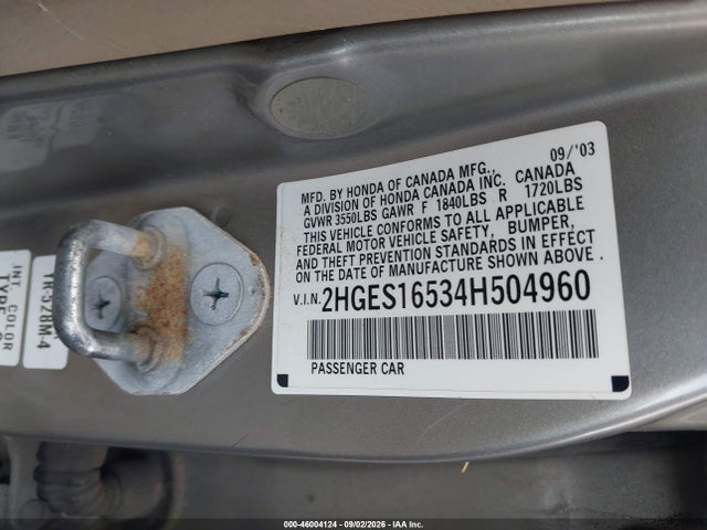 46004124 :رقم المزاد ، 2HGES16534H504960 vin ، 2004 Honda Civic Lx مزاد بيع