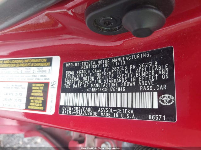 46004126 :رقم المزاد ، 4T1BF1FKXEU761846 vin ، 2014 Toyota Camry L مزاد بيع