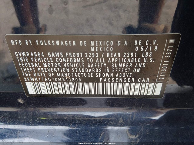 Продаж на аукціоні авто 2019 Volkswagen Golf Alltrack Tsi S/tsi Se/tsi Sel, vin: 3VWH17AU7KM511809, номер лоту: 46004134