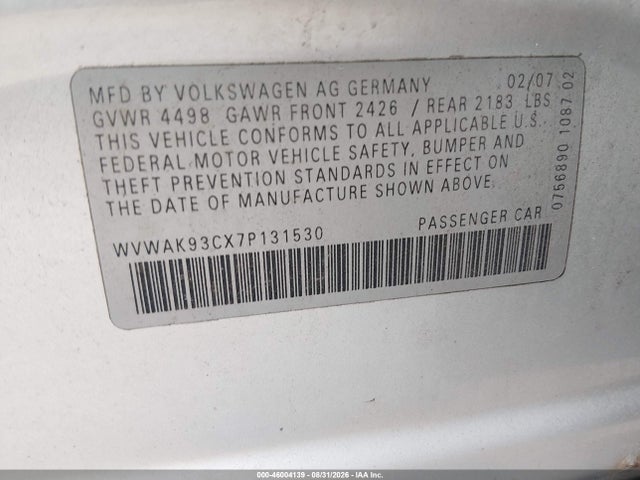 2007 Volkswagen Passat 2.0t/wolfsburg Edition მანქანა იყიდება აუქციონზე, vin: WVWAK93CX7P131530, აუქციონის ნომერი: 46004139
