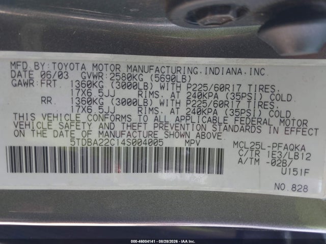 2004 Toyota Sienna Xle მანქანა იყიდება აუქციონზე, vin: 5TDBA22C14S004005, აუქციონის ნომერი: 46004141