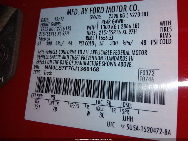 2018 Ford Transit Connect Xlt მანქანა იყიდება აუქციონზე, vin: NM0LS7F76J1366168, აუქციონის ნომერი: 46004148