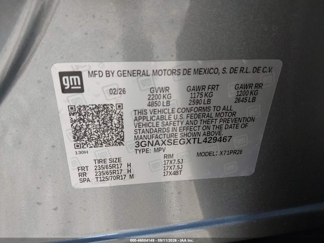 2026 Chevrolet Equinox Awd Activ მანქანა იყიდება აუქციონზე, vin: 3GNAXSEGXTL429467, აუქციონის ნომერი: 46004149