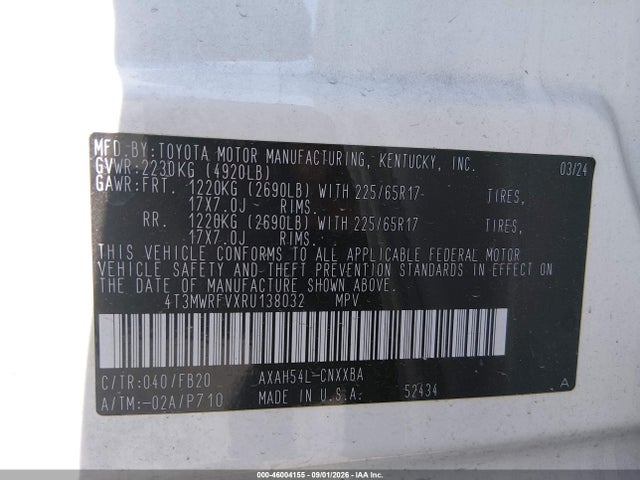 4T3MWRFVXRU138032 Toyota Rav4 Hybrid Le