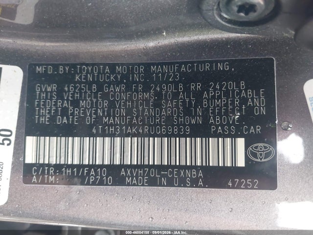 2024 Toyota Camry Hybrid Le მანქანა იყიდება აუქციონზე, vin: 4T1H31AK4RU069839, აუქციონის ნომერი: 46004158