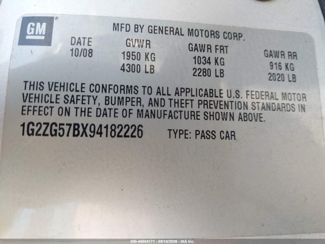 Aukcja sprzedaży 2009 Pontiac G6, vin: 1G2ZG57BX94182226, numer aukcji: 46004171
