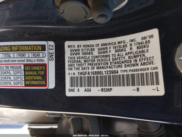 2006 Honda Civic Ex მანქანა იყიდება აუქციონზე, vin: 1HGFA16886L123984, აუქციონის ნომერი: 46004180