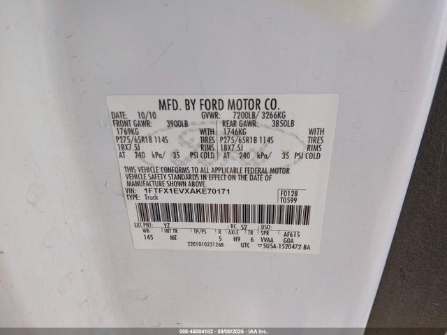 46004182 :رقم المزاد ، 1FTFX1EVXAKE70171 vin ، 2010 Ford F-150 Fx4/lariat/xl/xlt مزاد بيع