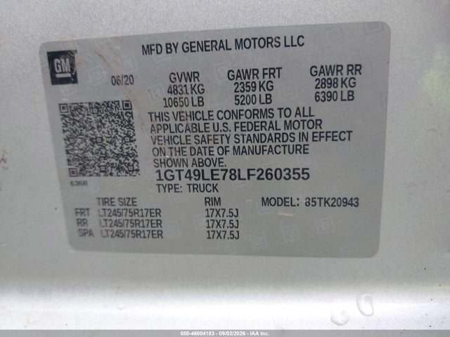 Продаж на аукціоні авто 2020 Gmc Sierra 2500hd 4wd  Long Bed, vin: 1GT49LE78LF260355, номер лоту: 46004183