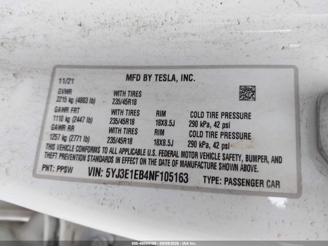 46004186 :رقم المزاد ، 5YJ3E1EB4NF105163 vin ، 2022 Tesla Model 3 Long Range Dual Motor All-wheel Drive مزاد بيع