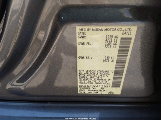 Продаж на аукціоні авто 2015 Nissan Altima 2.5 Sv, vin: 1N4AL3AP3FC417957, номер лоту: 46004187