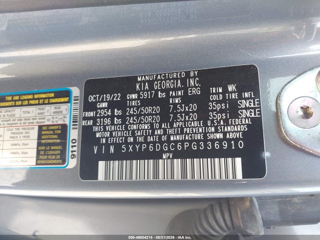 46004215 :رقم المزاد ، 5XYP6DGC6PG336910 vin ، 2023 Kia Telluride S مزاد بيع