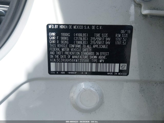 46004223 :رقم المزاد ، 3CZRU6H56KM735588 vin ، 2019 Honda Hr-v Ex مزاد بيع