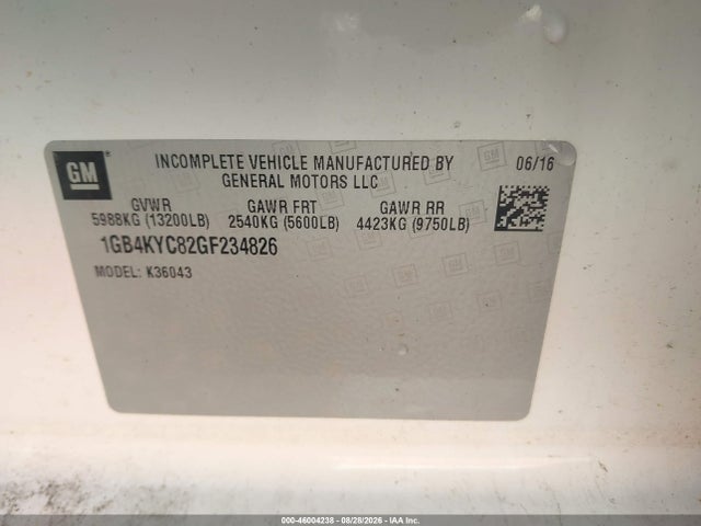 46004238 :رقم المزاد ، 1GB4KYC82GF234826 vin ، 2016 Chevrolet Silverado 3500hd Chassis Wt مزاد بيع