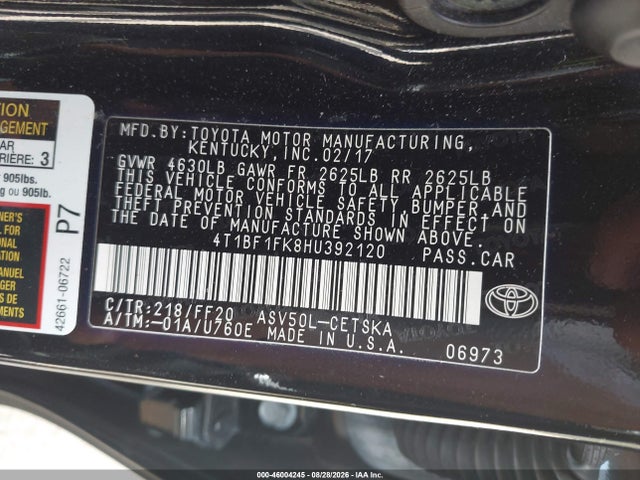 Продажа на аукционе авто 2017 Toyota Camry Se, vin: 4T1BF1FK8HU392120, номер лота: 46004245