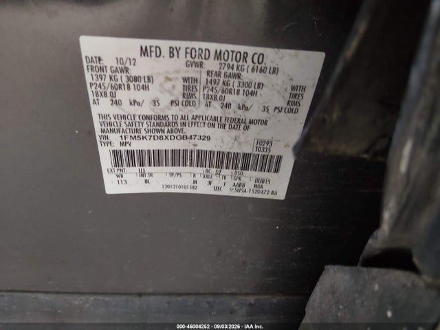 Продажа на аукционе авто 2013 Ford Explorer Xlt, vin: 1FM5K7D8XDGB47329, номер лота: 46004252