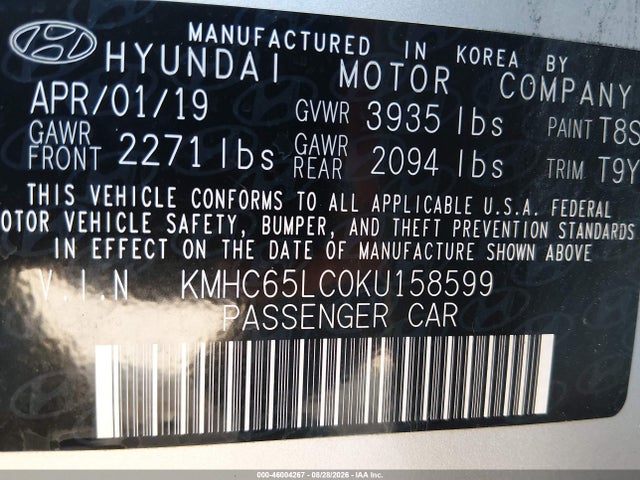 Aukcja sprzedaży 2019 Hyundai Ioniq Hybrid Blue, vin: KMHC65LC0KU158599, numer aukcji: 46004267