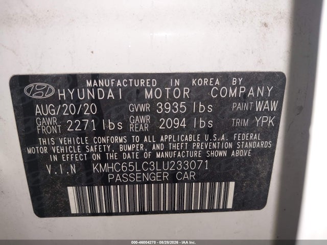 Продажа на аукционе авто 2020 Hyundai Ioniq Hybrid Blue, vin: KMHC65LC3LU233071, номер лота: 46004270