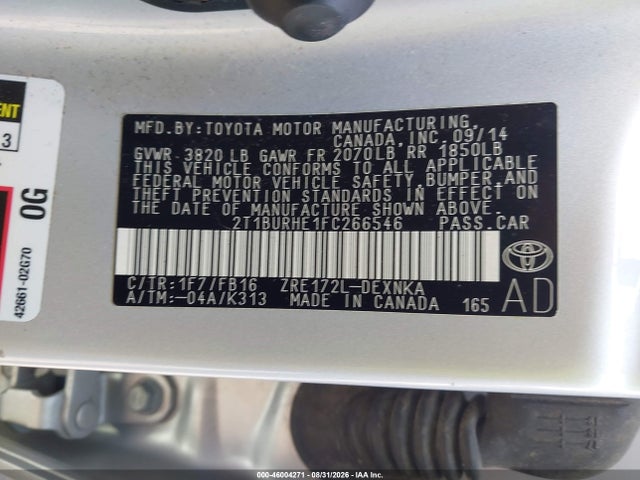 2015 Toyota Corolla Le მანქანა იყიდება აუქციონზე, vin: 2T1BURHE1FC266546, აუქციონის ნომერი: 46004271