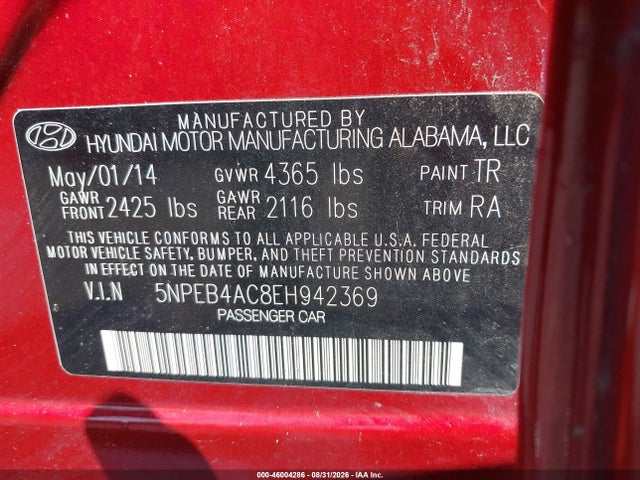 46004286 :رقم المزاد ، 5NPEB4AC8EH942369 vin ، 2014 Hyundai Sonata Gls مزاد بيع