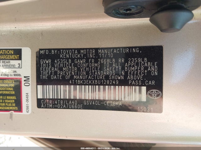 Aukcja sprzedaży 2011 Toyota Camry Xle V6, vin: 4T1BK3EKXBU128249, numer aukcji: 46004311