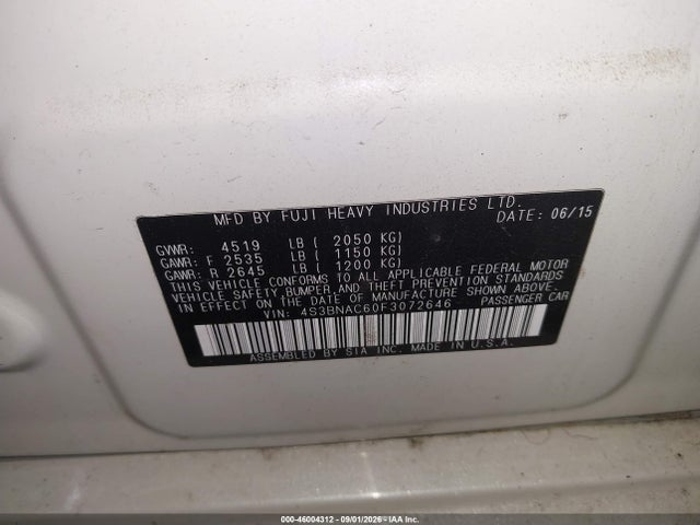 Aukcja sprzedaży 2015 Subaru Legacy 2.5i Premium, vin: 4S3BNAC60F3072646, numer aukcji: 46004312