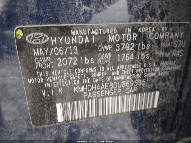 46004317 :رقم المزاد ، KMHDH4AE8DU869595 vin ، 2013 Hyundai Elantra Gls مزاد بيع