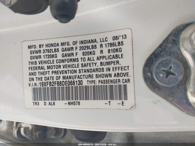 2013 Honda Civic Ex მანქანა იყიდება აუქციონზე, vin: 19XFB2F88DE066130, აუქციონის ნომერი: 46004318