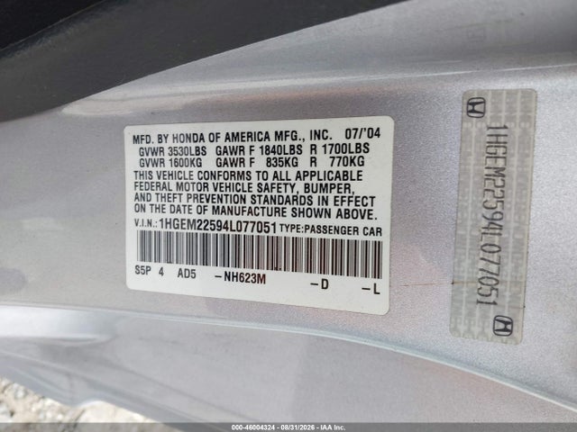 2004 Honda Civic Lx მანქანა იყიდება აუქციონზე, vin: 1HGEM22594L077051, აუქციონის ნომერი: 46004324