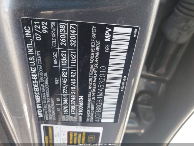 Aukcja sprzedaży 2021 Mercedes-benz Gle 580 4matic, vin: 4JGFB8GB1MA532010, numer aukcji: 46004333