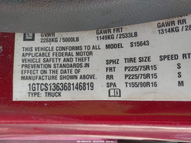 46004336 :رقم المزاد ، 1GTCS136368146819 vin ، 2006 Gmc Canyon Sle2 مزاد بيع