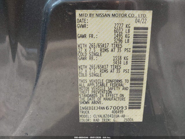 Продажа на аукционе авто 2022 Nissan Frontier Sv 4x2, vin: 1N6ED1EJ4NN670093, номер лота: 46004344