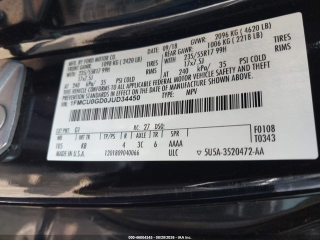 Продажа на аукционе авто 2018 Ford Escape Se, vin: 1FMCU0GD0JUD34450, номер лота: 46004345