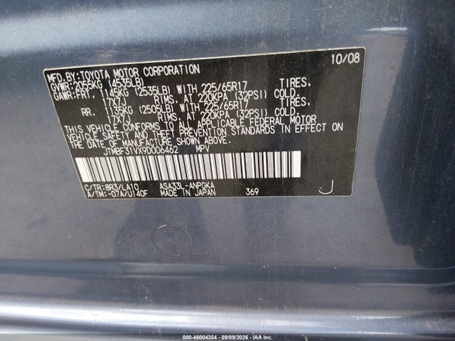 46004354 :رقم المزاد ، JTMBF31VX9D006462 vin ، 2009 Toyota Rav4 Limited مزاد بيع